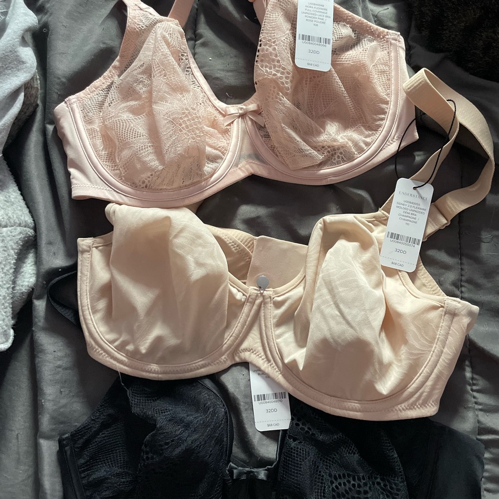 3 Understance 32DD Lace and Satin Underwire Bras C- Black, Cream, Pink
